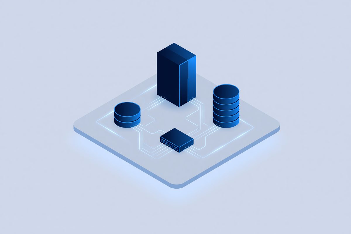 Abstracte, isometrische weergave van server, opslag en netwerk in het Dell-blauwe palet — symbool voor voorgeconfigureerde ready-to-order configuraties.